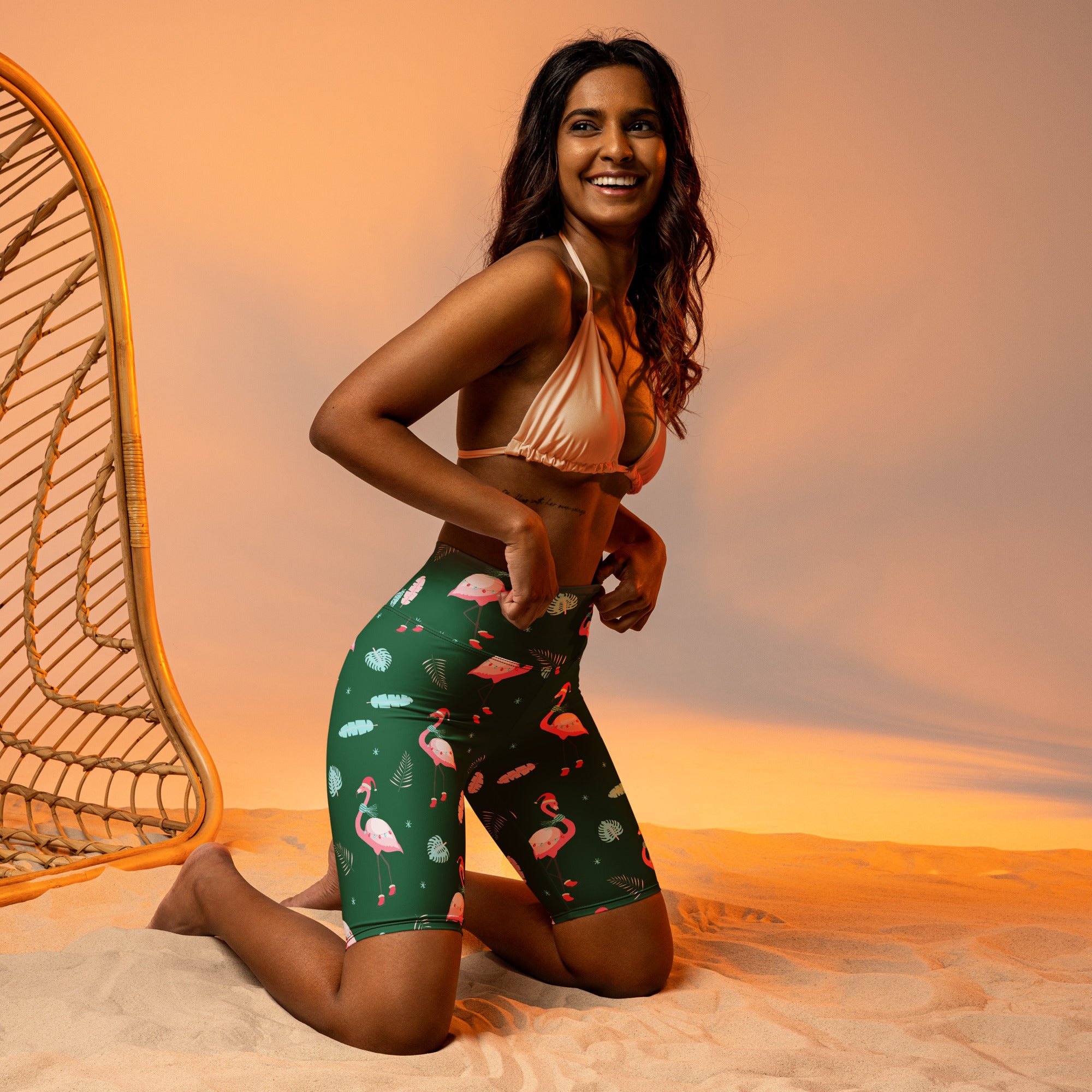 Christmassy Flamingos Biker Shorts