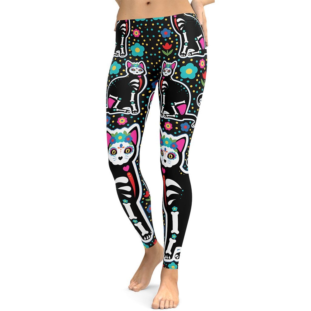 Day of the Dead Cat Print Leggings: Women's Halloween Outfits