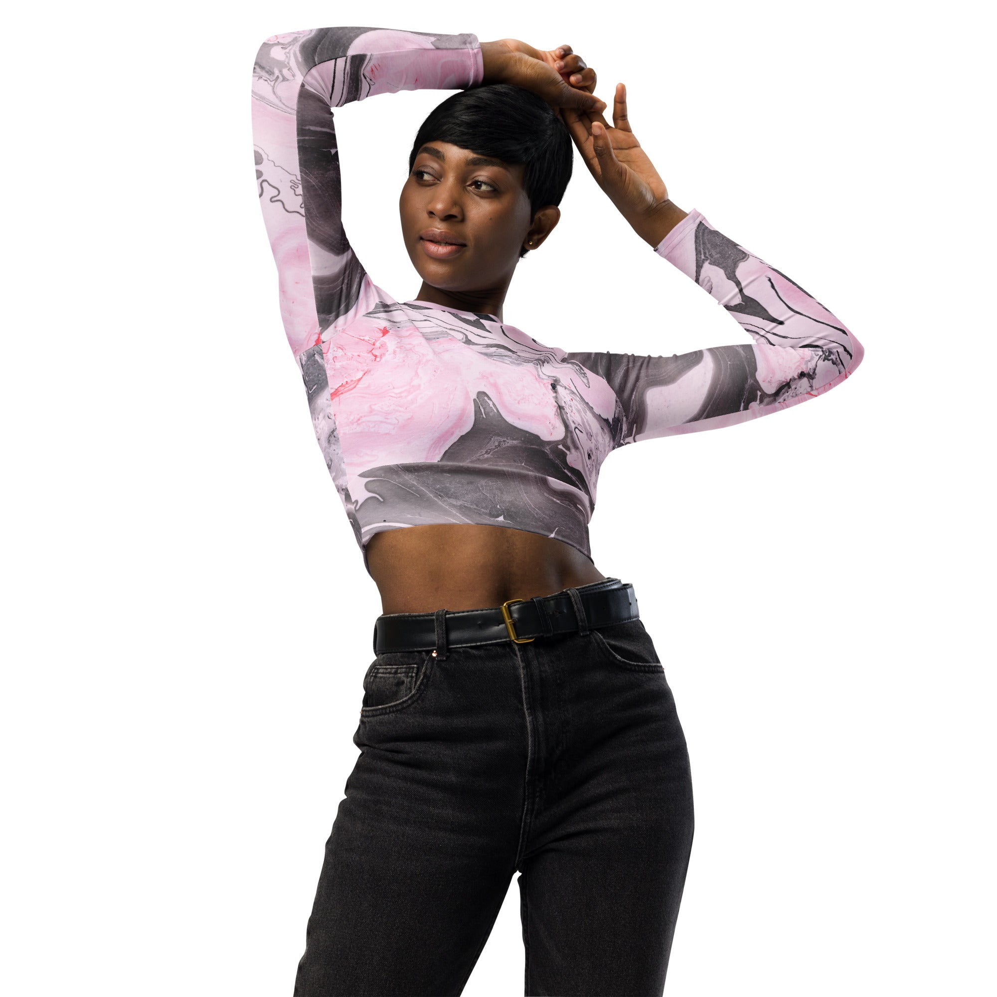 Pink Marble Recycled Long-sleeve Crop Top