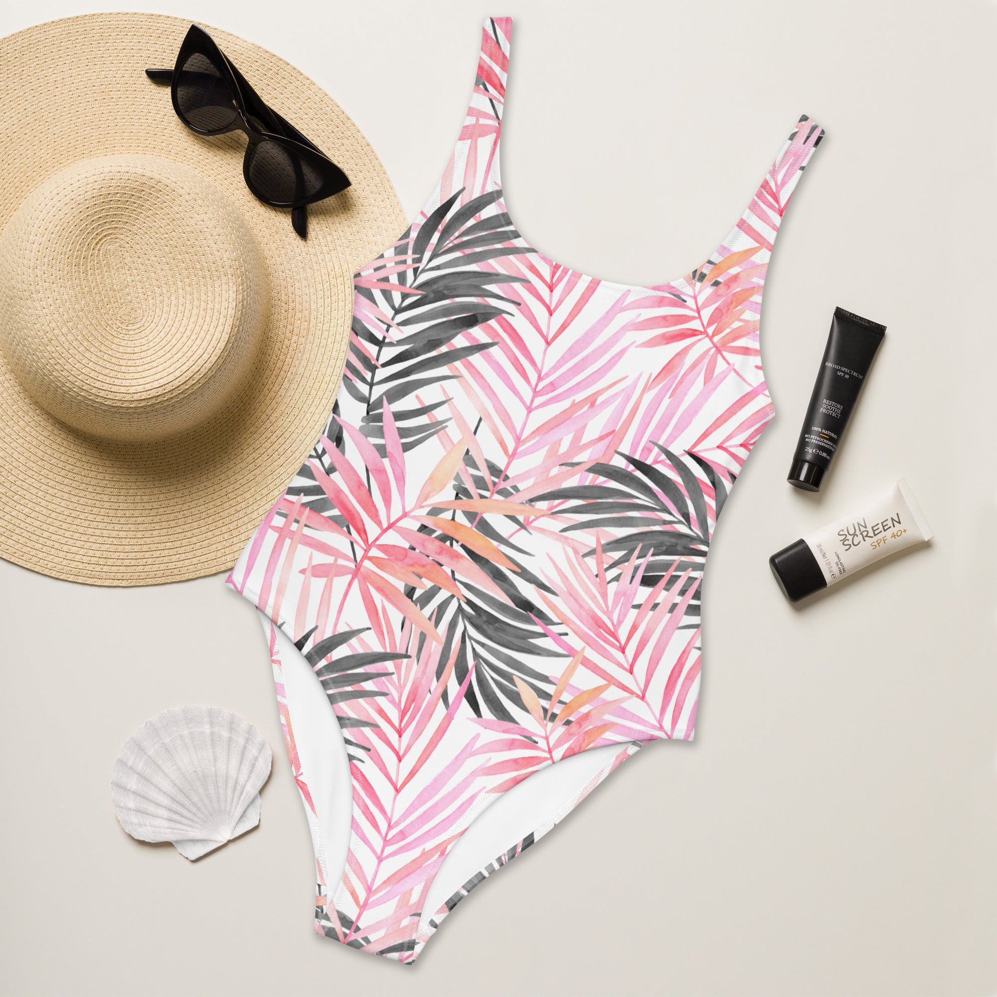 Soft Pink Tropical One-Piece Swimsuit