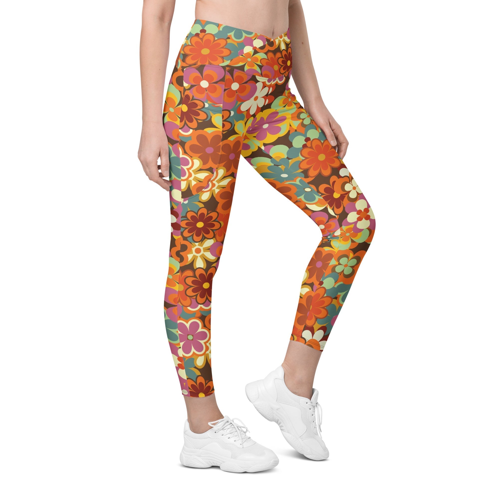 70s Flower Pattern Crossover Leggings With Pockets
