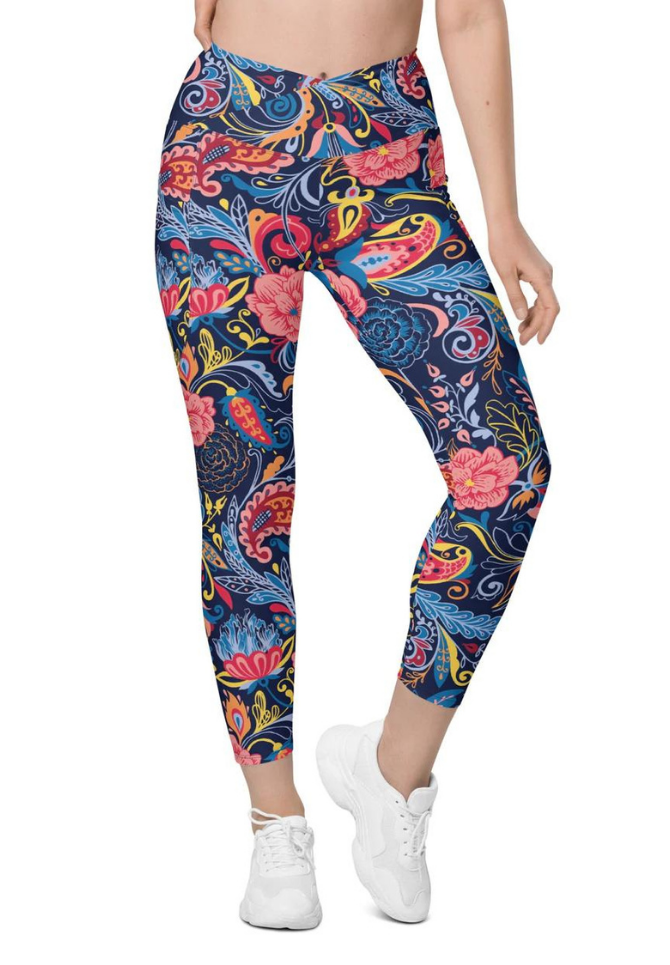 Art Deco Floral Crossover Leggings With Pockets