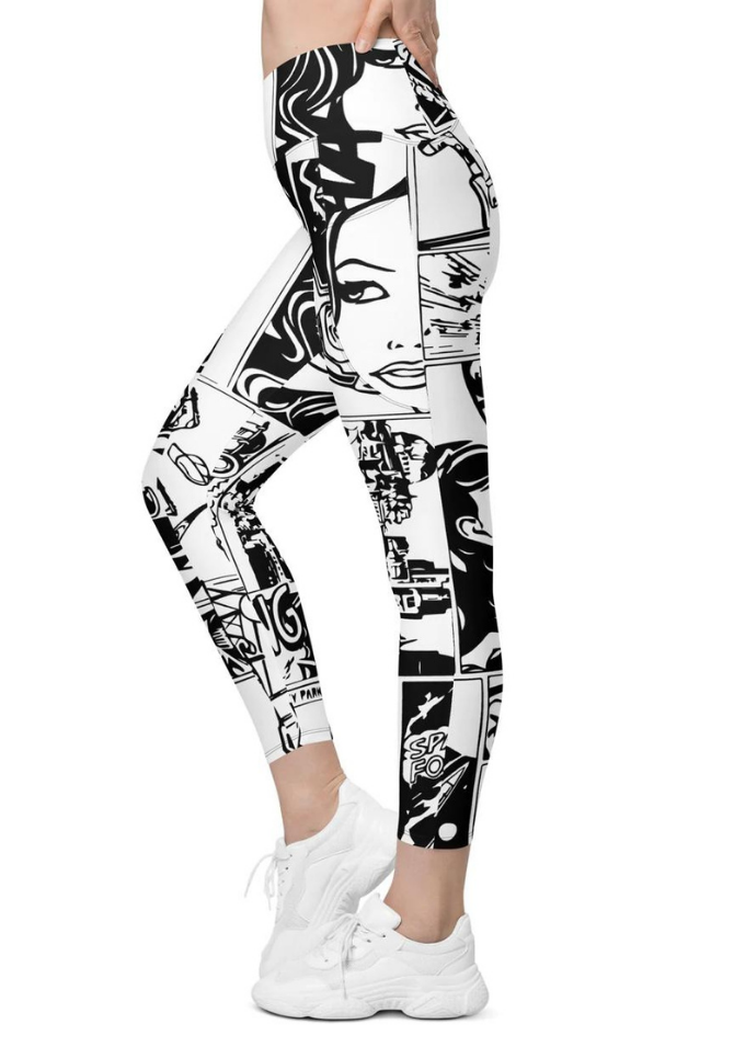 Black & White Comic Book Crossover Leggings With Pockets