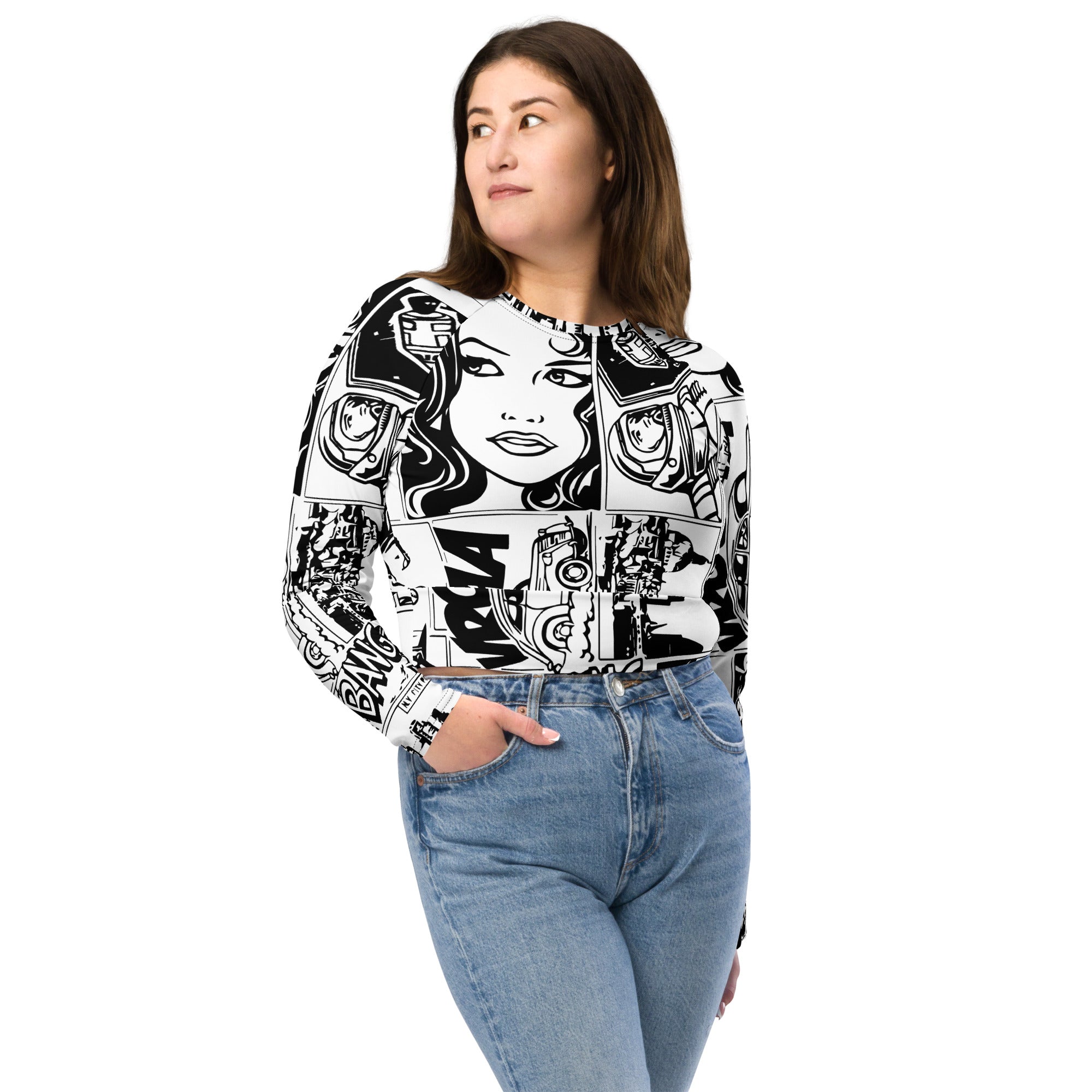 Black & White Comic Book Recycled Long-sleeve Crop Top