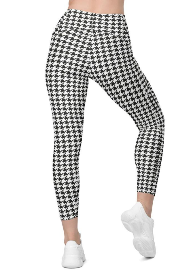 Black & White Houndstooth Print Crossover Leggings With Pockets