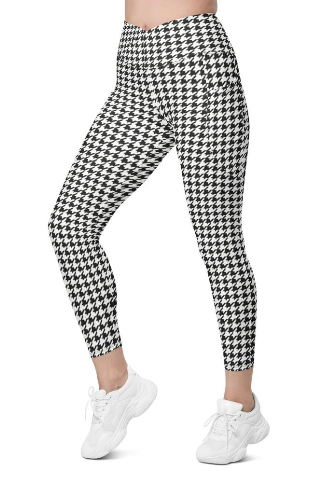 Black & White Houndstooth Print Crossover Leggings With Pockets