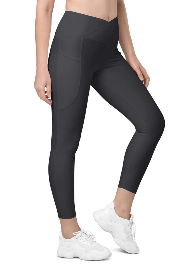 Charcoal Black Crossover Leggings With Pockets