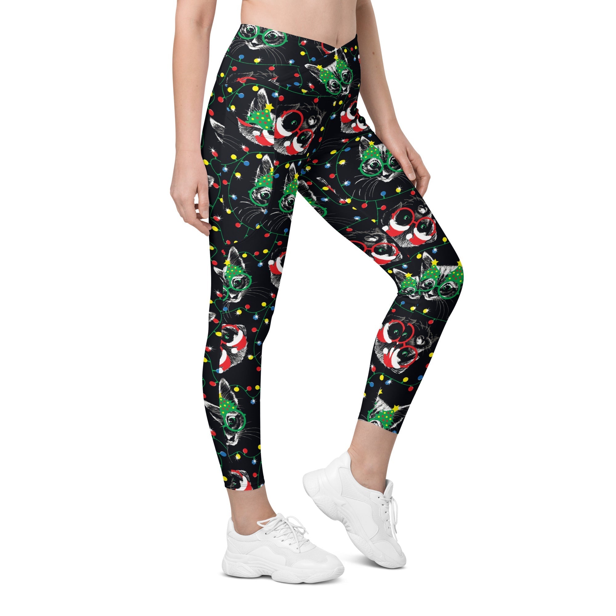 Christmas Lights & Cats Crossover Leggings With Pockets