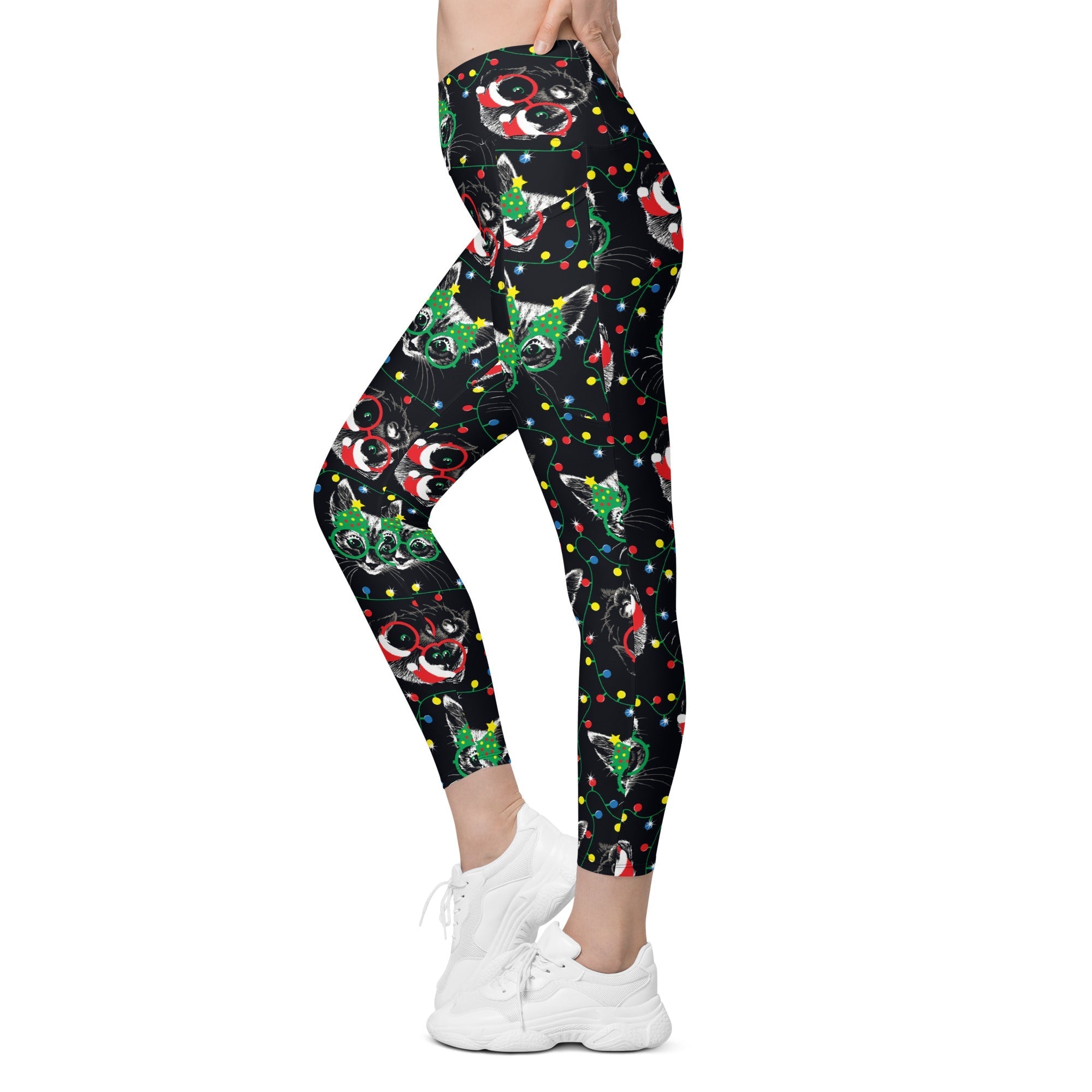 Christmas Lights & Cats Crossover Leggings With Pockets