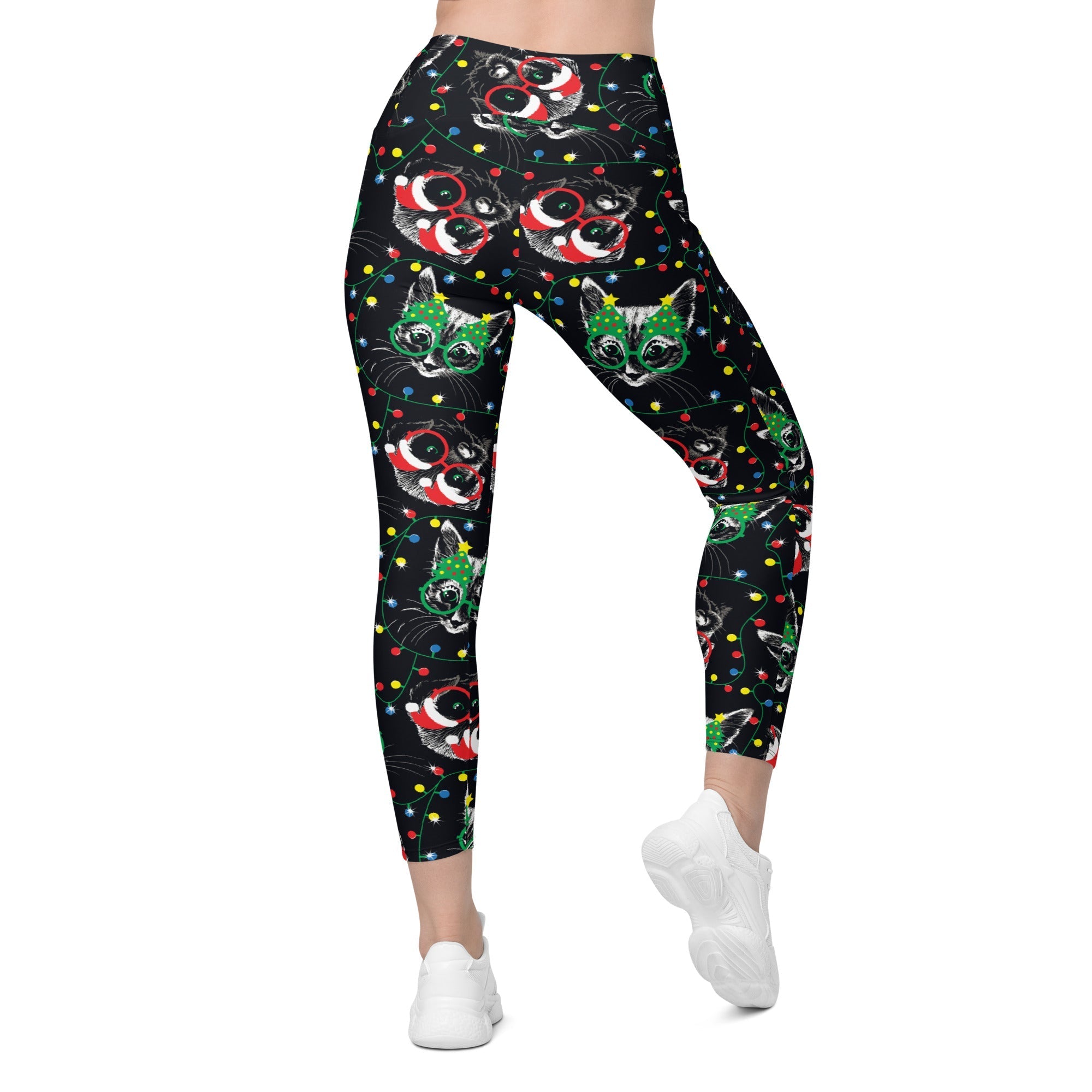Christmas Lights & Cats Crossover Leggings With Pockets