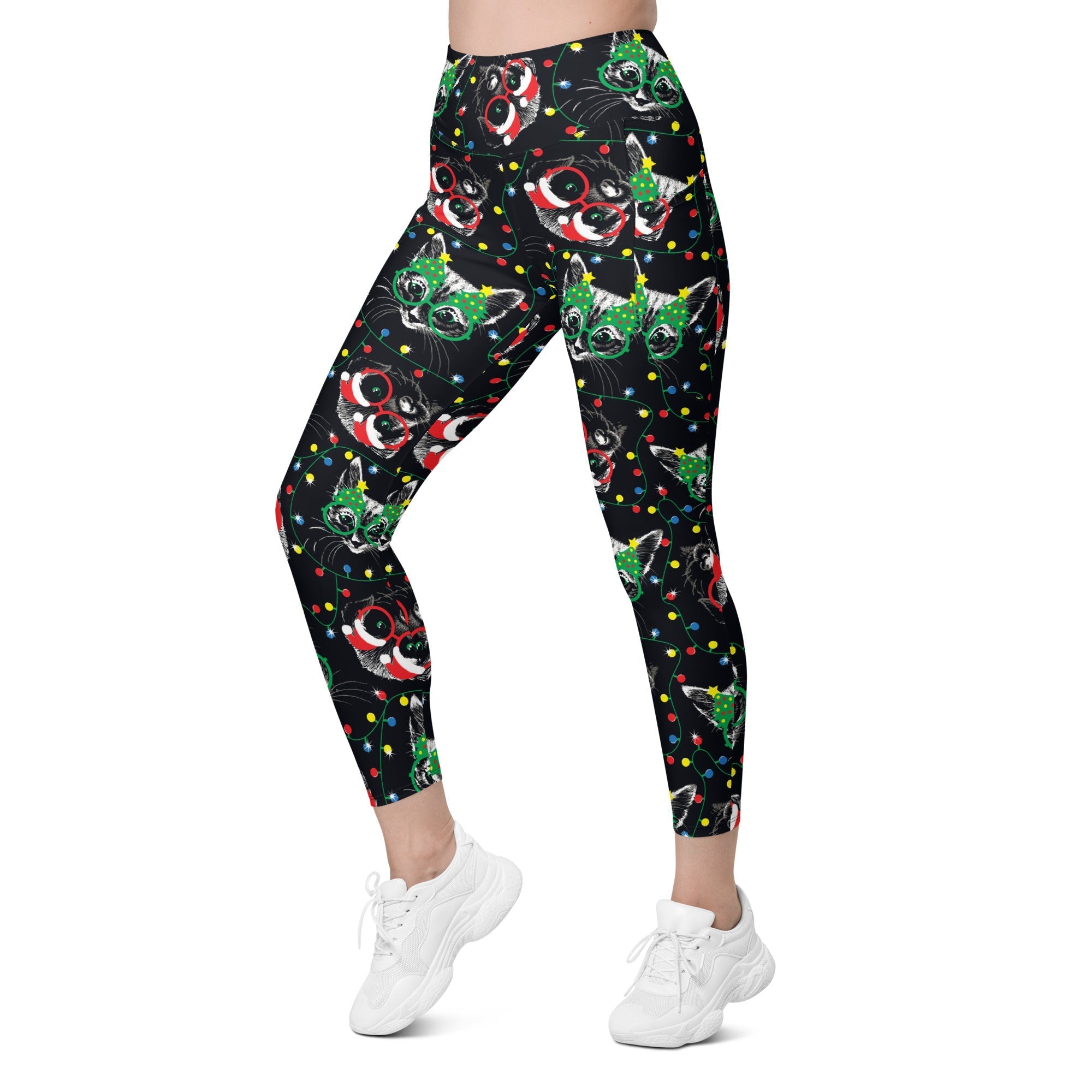 Christmas Lights & Cats Leggings With Pockets