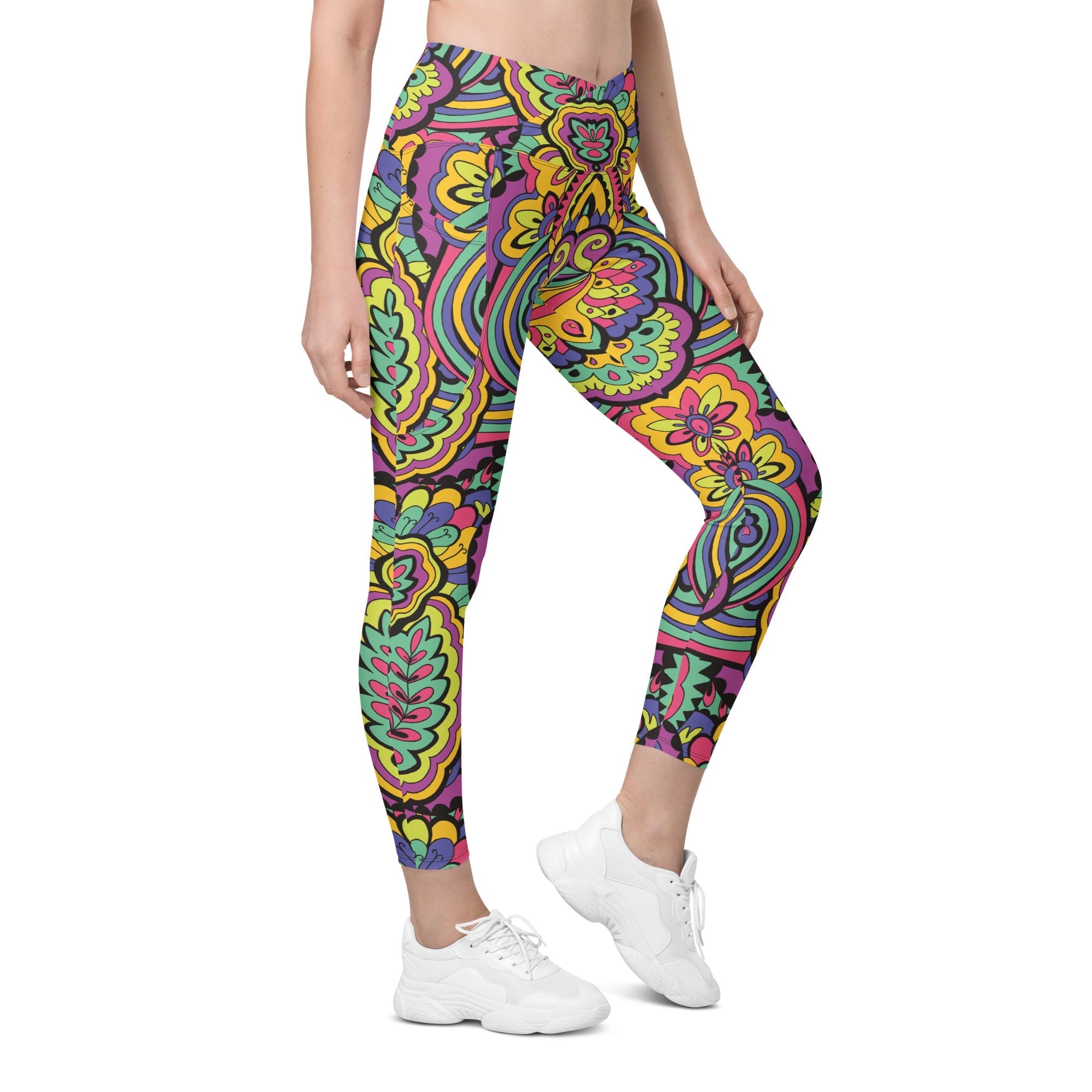 Colorful Fun Pattern Crossover Leggings With Pockets