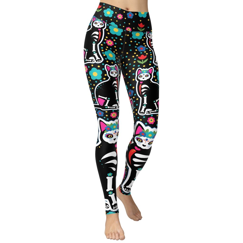 Day of the Dead Cat Print Yoga Leggings - Main Image