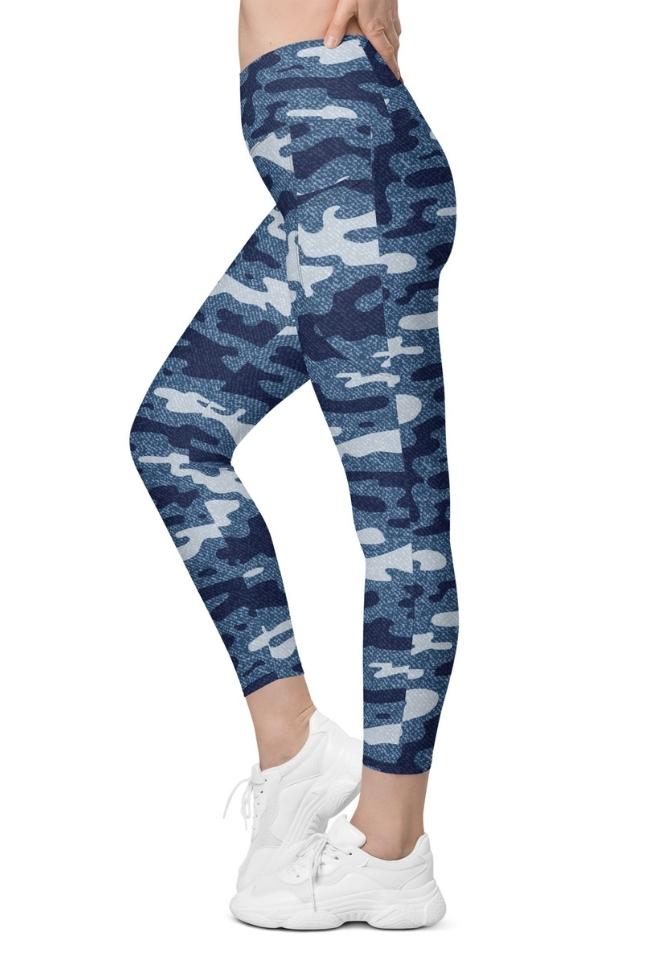 Denim Camo Print Crossover Leggings With Pockets