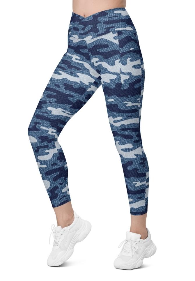Denim Camo Print Crossover Leggings With Pockets