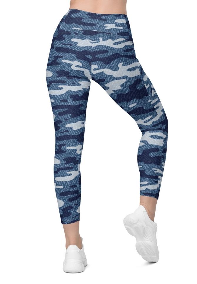 Denim Camo Print Crossover Leggings With Pockets