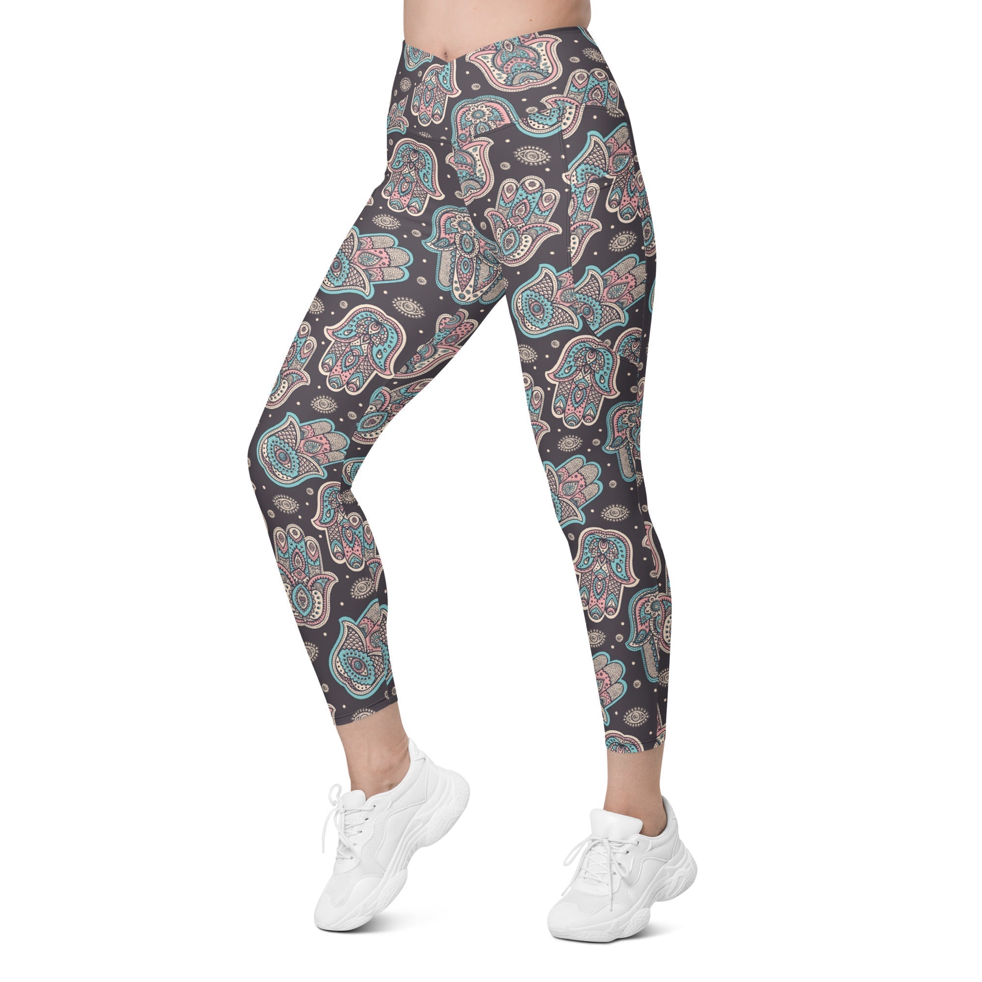 Hand Drawn Hamsa Crossover Leggings With Pockets