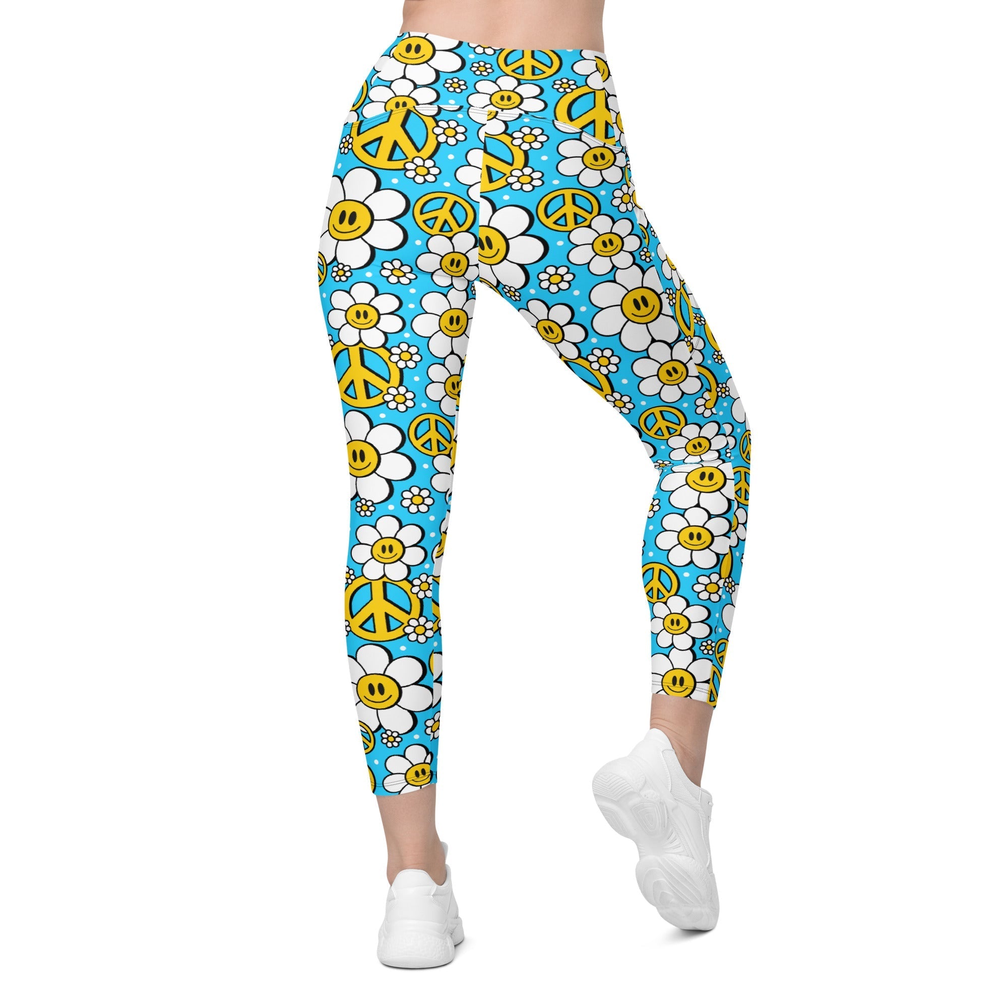 Hippie Flower Pattern Crossover Leggings With Pockets