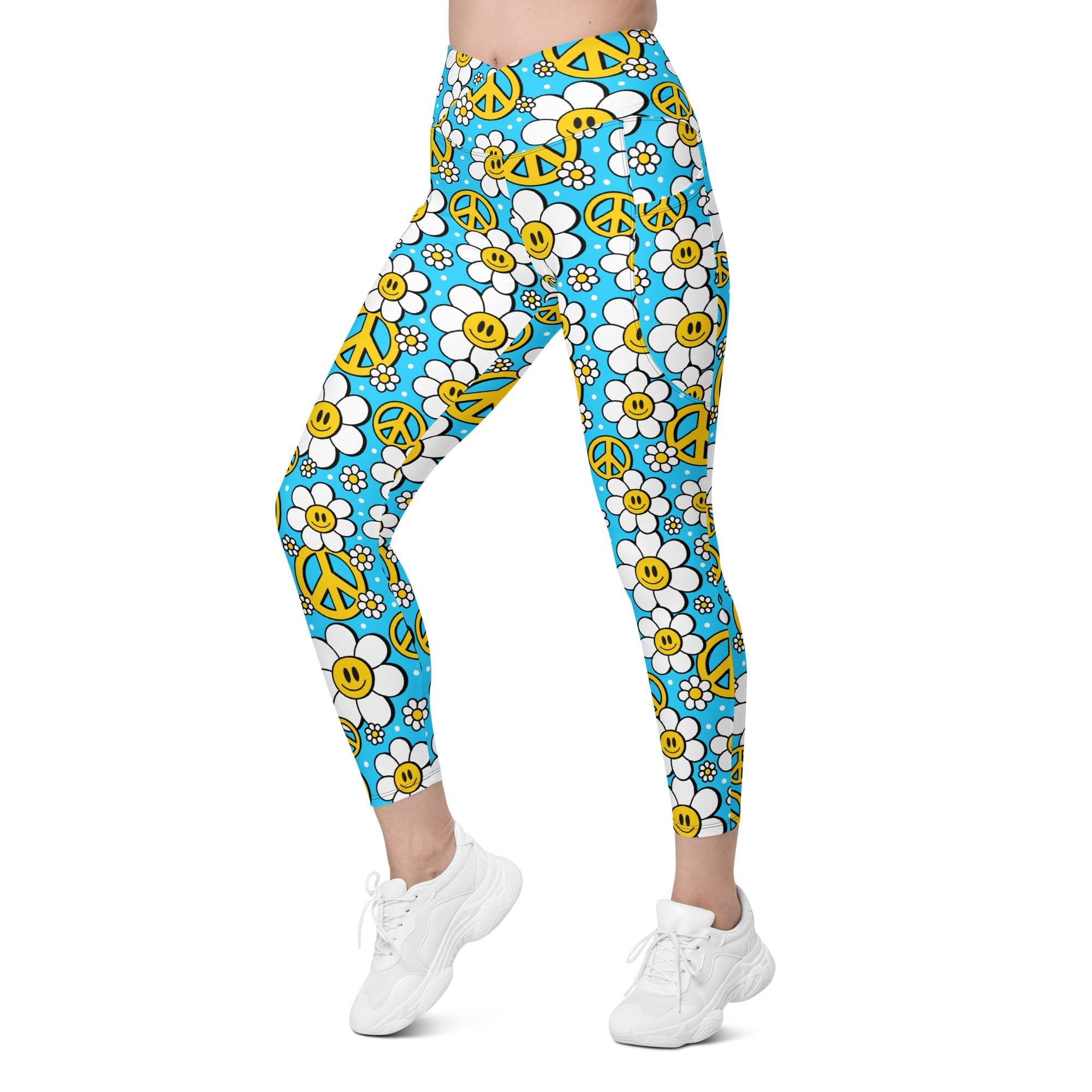 Hippie Flower Pattern Crossover Leggings With Pockets