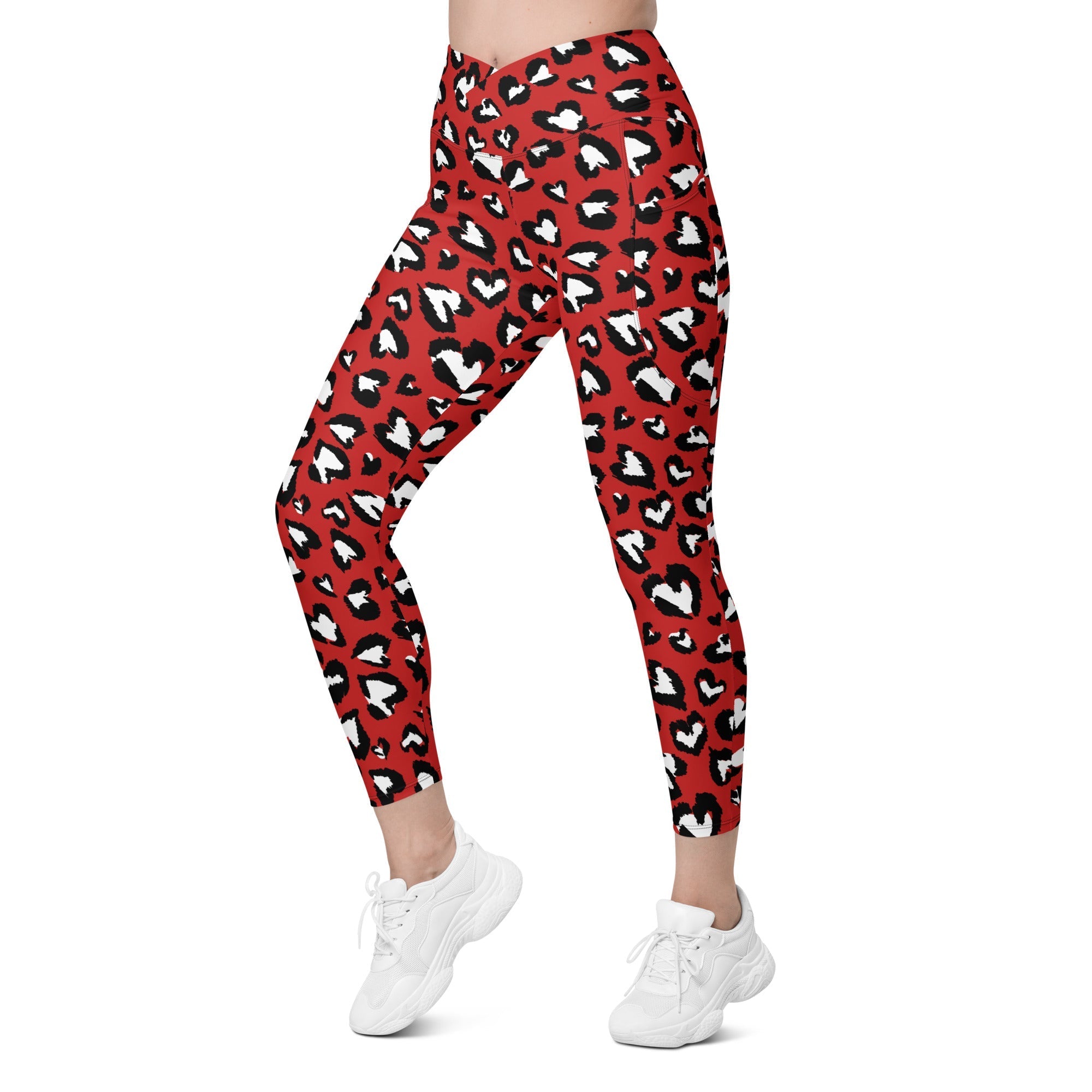 Leopard Hearts Crossover Leggings With Pockets