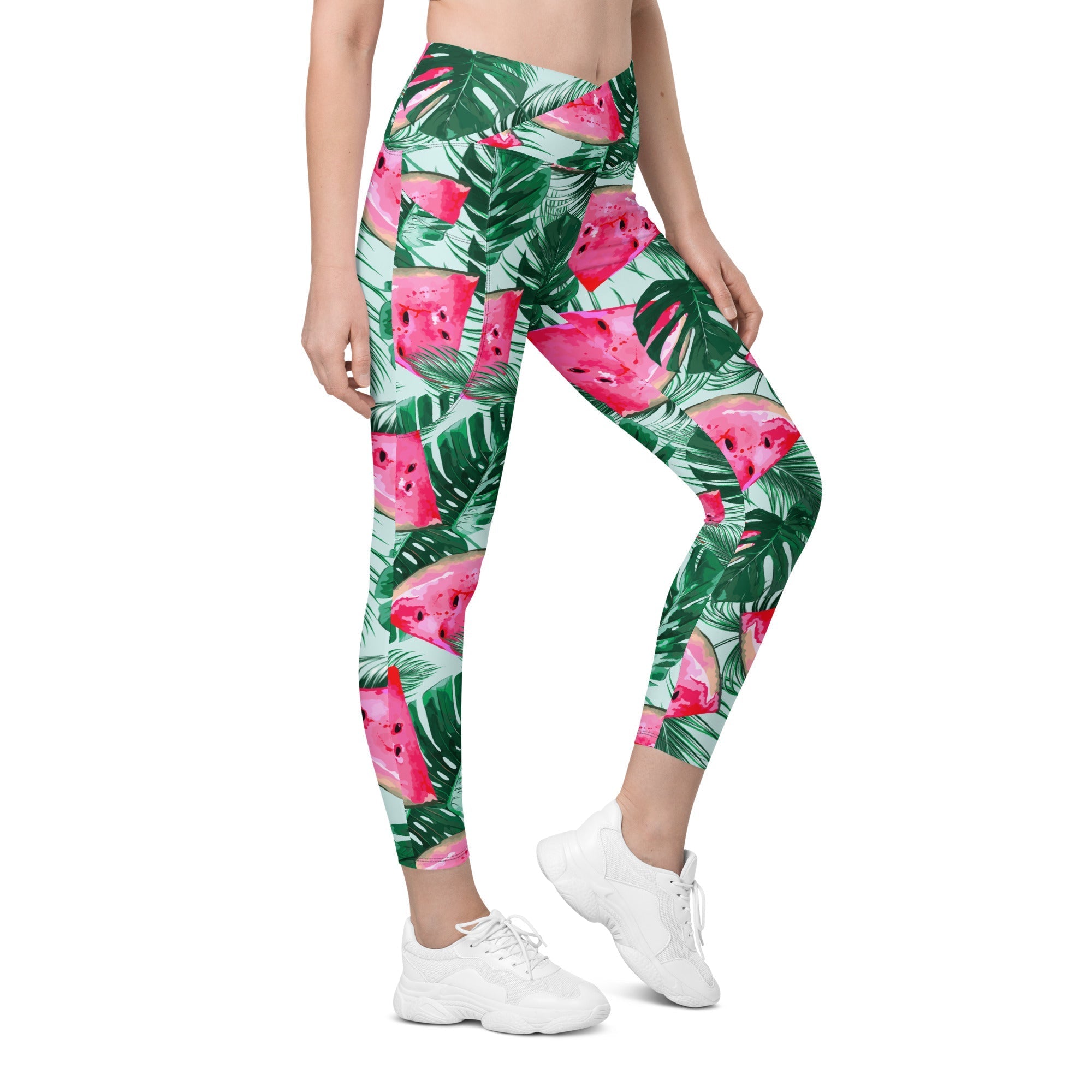 Palm Leaves & Watermelon Crossover Leggings With Pockets
