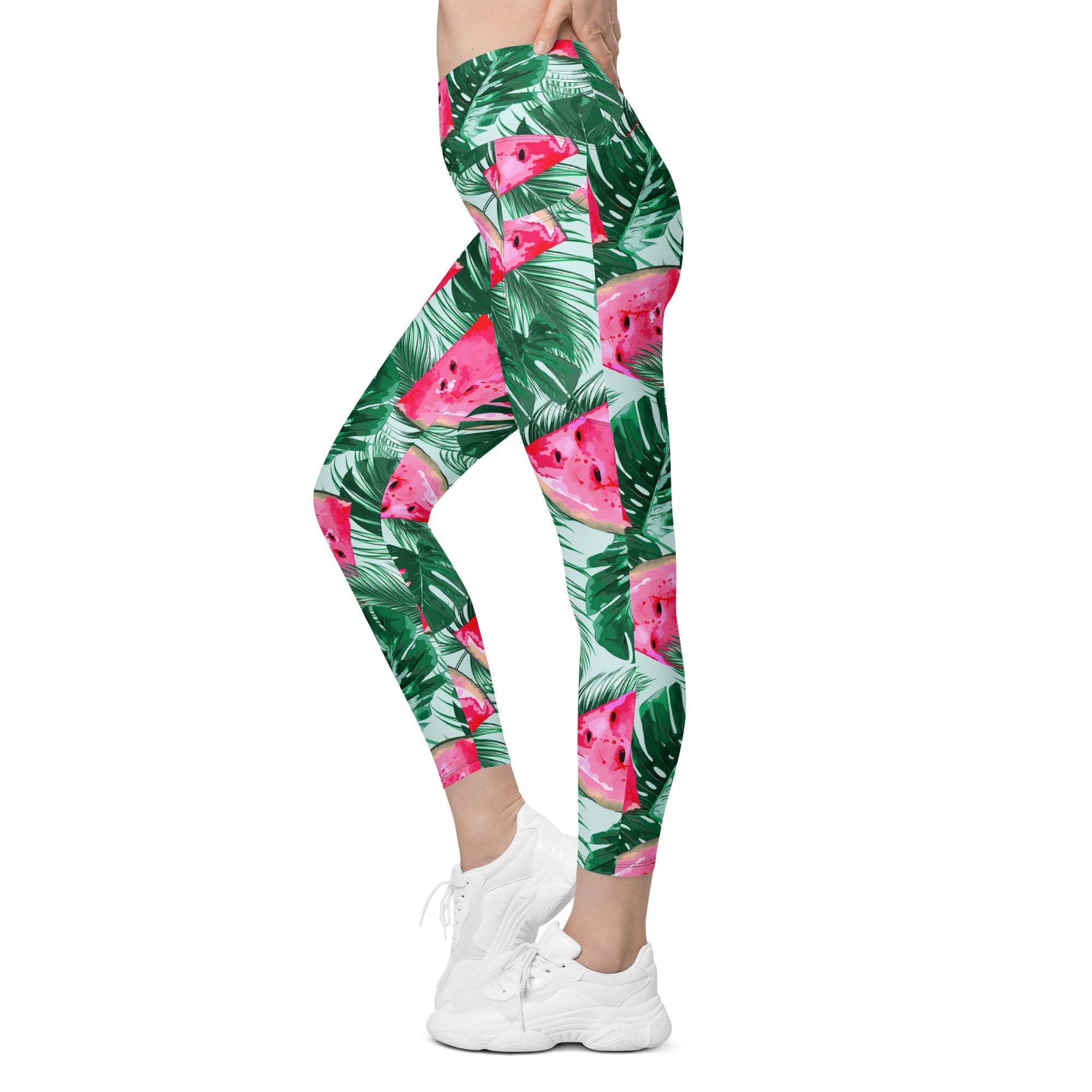 Palm Leaves & Watermelon Crossover Leggings With Pockets