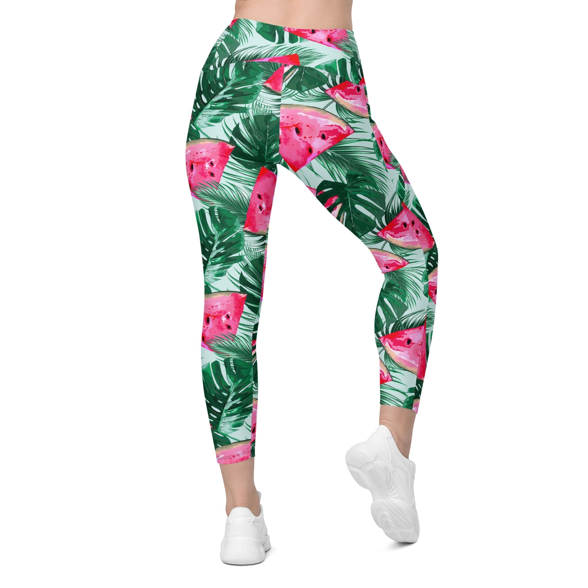 Palm Leaves & Watermelon Crossover Leggings With Pockets