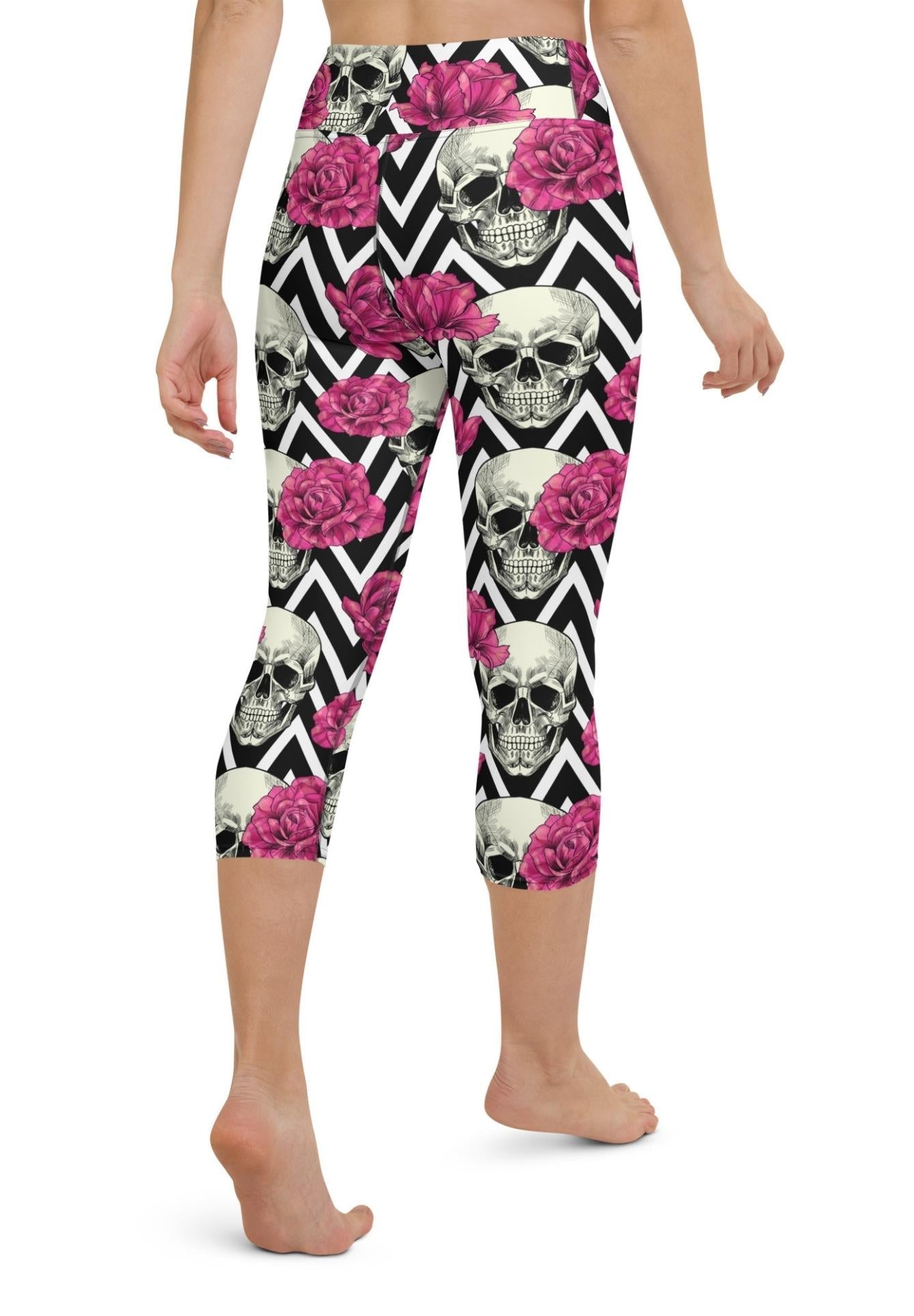 Pink Roses and Skulls Yoga Capris