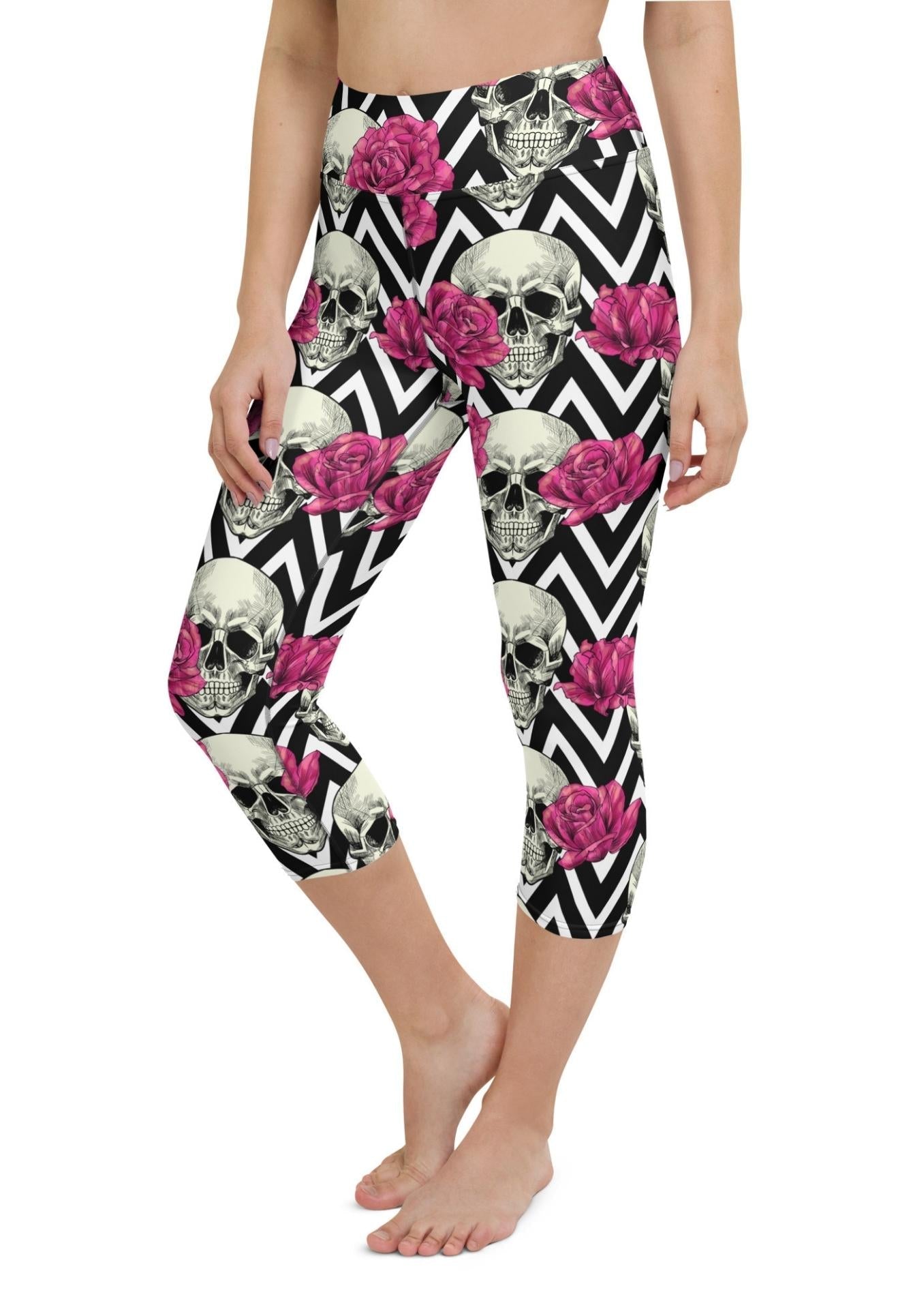 Pink Roses and Skulls Yoga Capris
