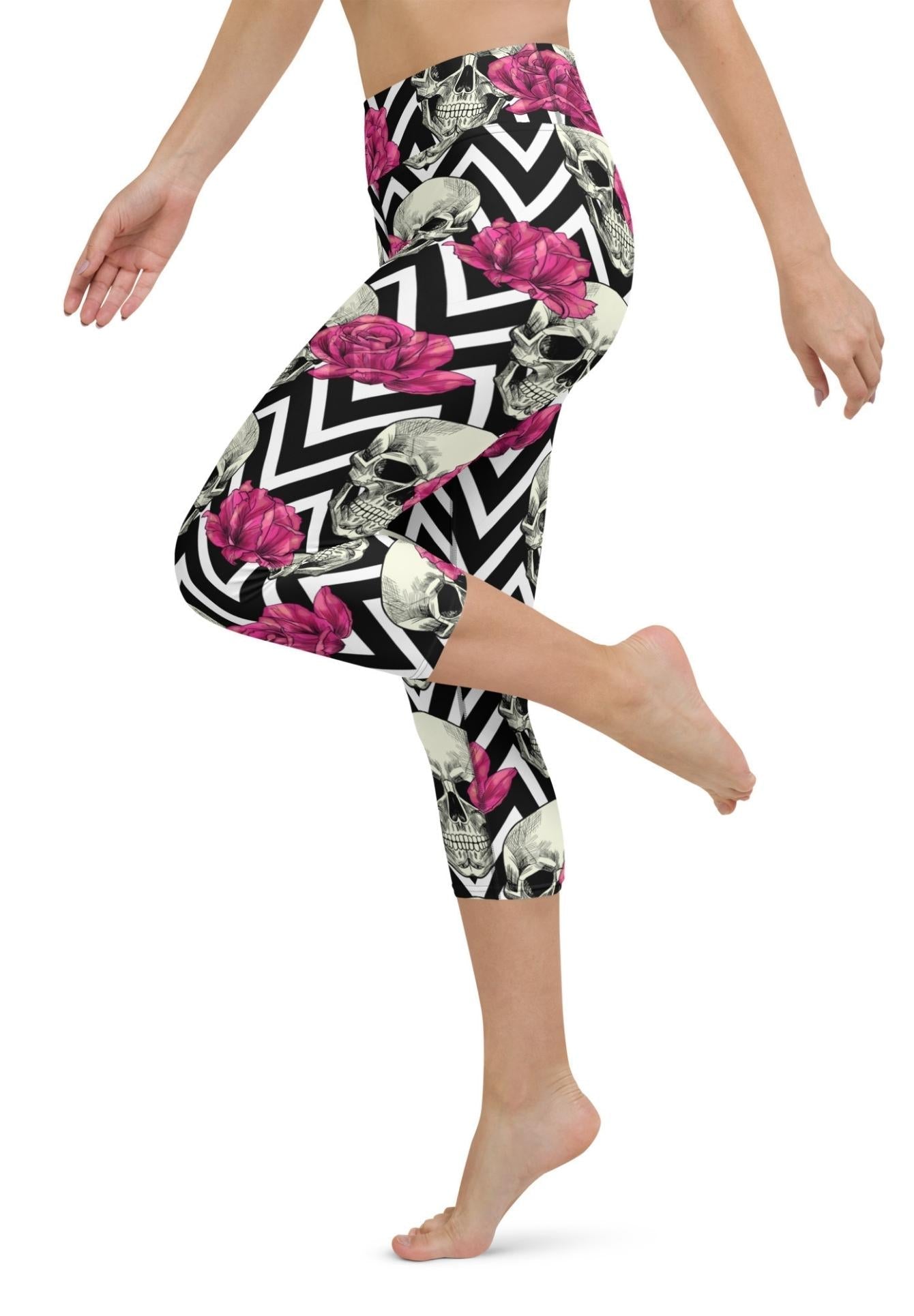 Pink Roses and Skulls Yoga Capris