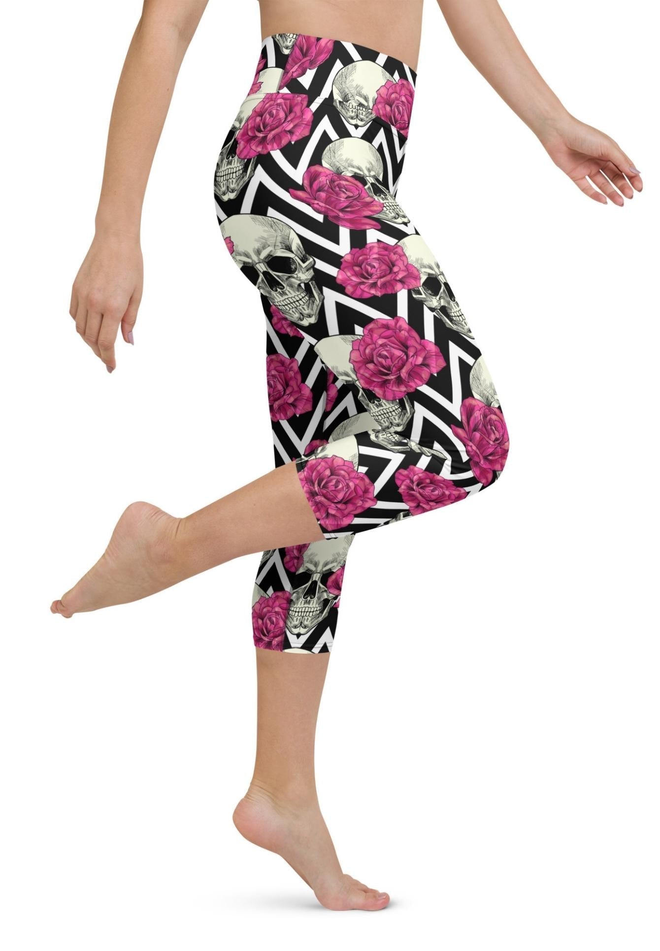 Pink Roses and Skulls Yoga Capris