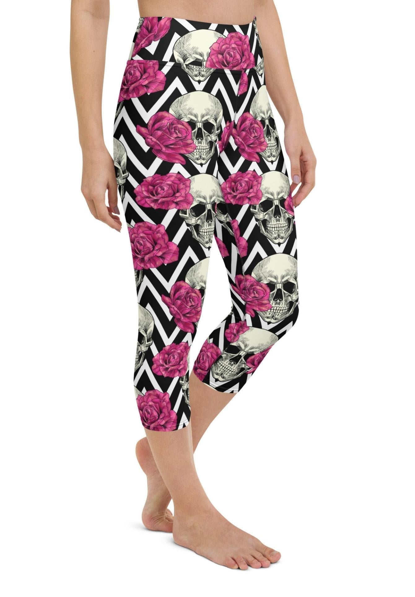 Pink Roses and Skulls Yoga Capris