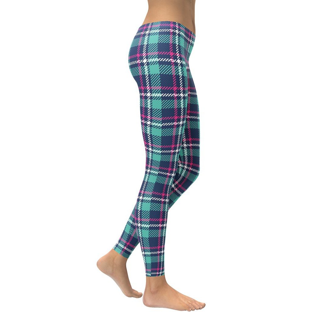 Pink & Turquoise Plaid Print Leggings