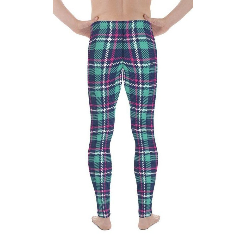 Pink & Turquoise Plaid Print Men's Leggings