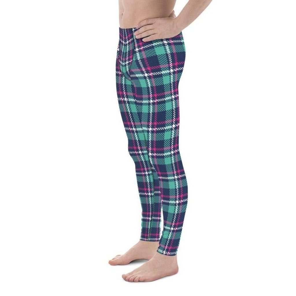 Pink & Turquoise Plaid Print Men's Leggings