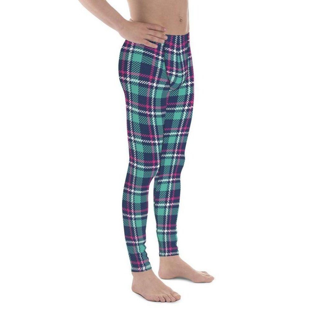 Pink & Turquoise Plaid Print Men's Leggings