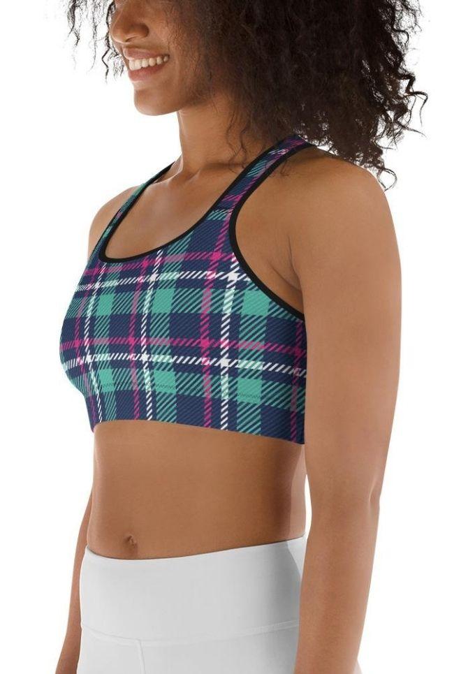 Pink & Turquoise Plaid Print Sports Bra