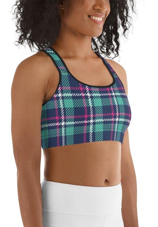 Pink & Turquoise Plaid Print Sports Bra