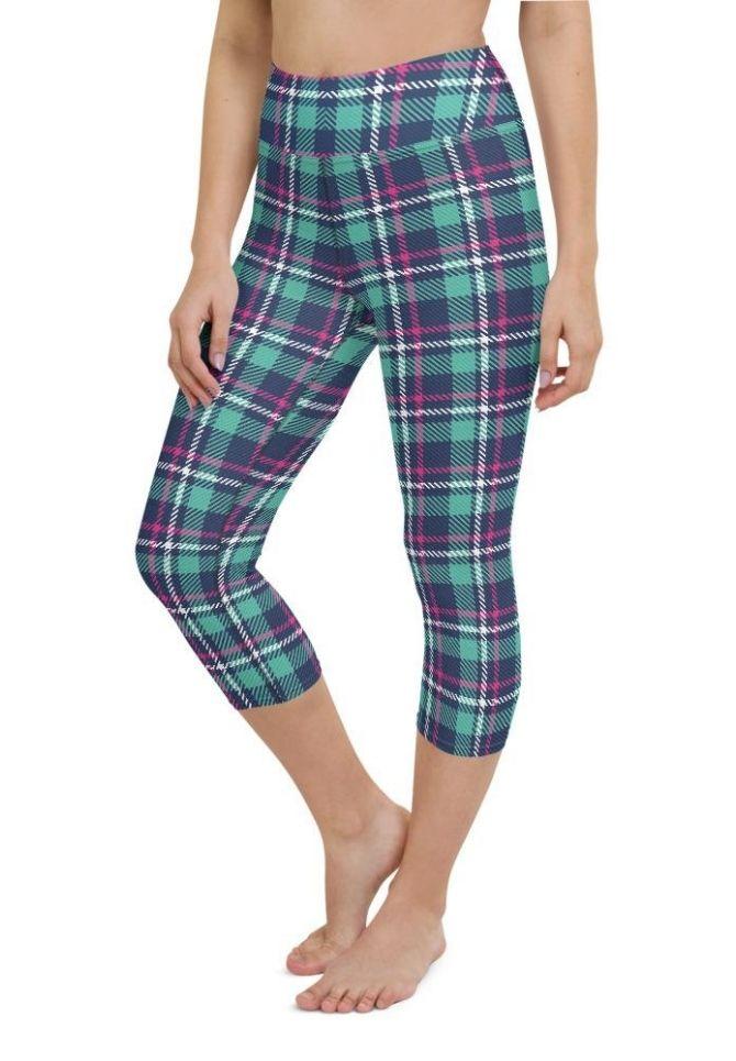 Pink & Turquoise Plaid Print Yoga Capris