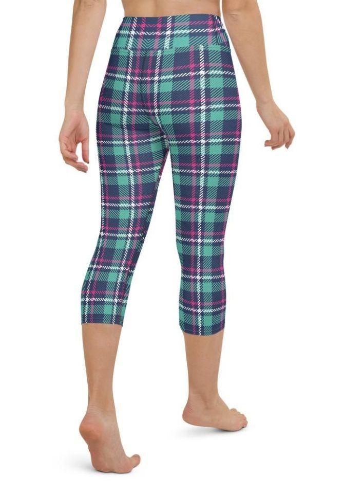 Pink & Turquoise Plaid Print Yoga Capris