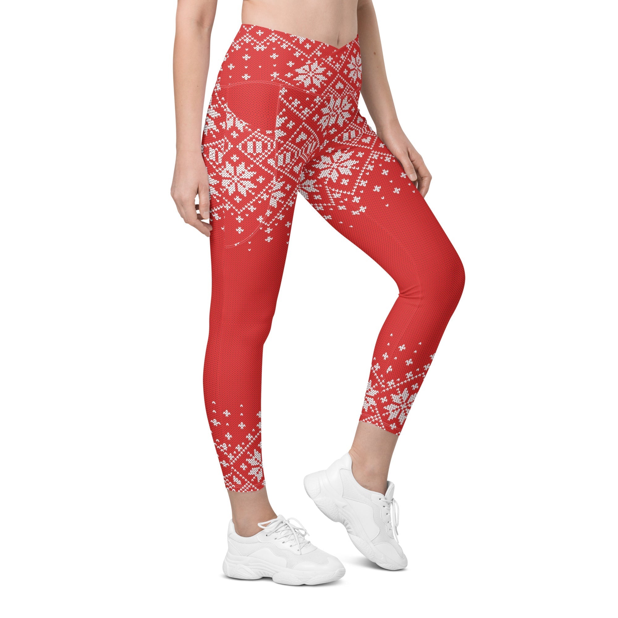 Red Knitted Print Christmas Crossover Leggings With Pockets