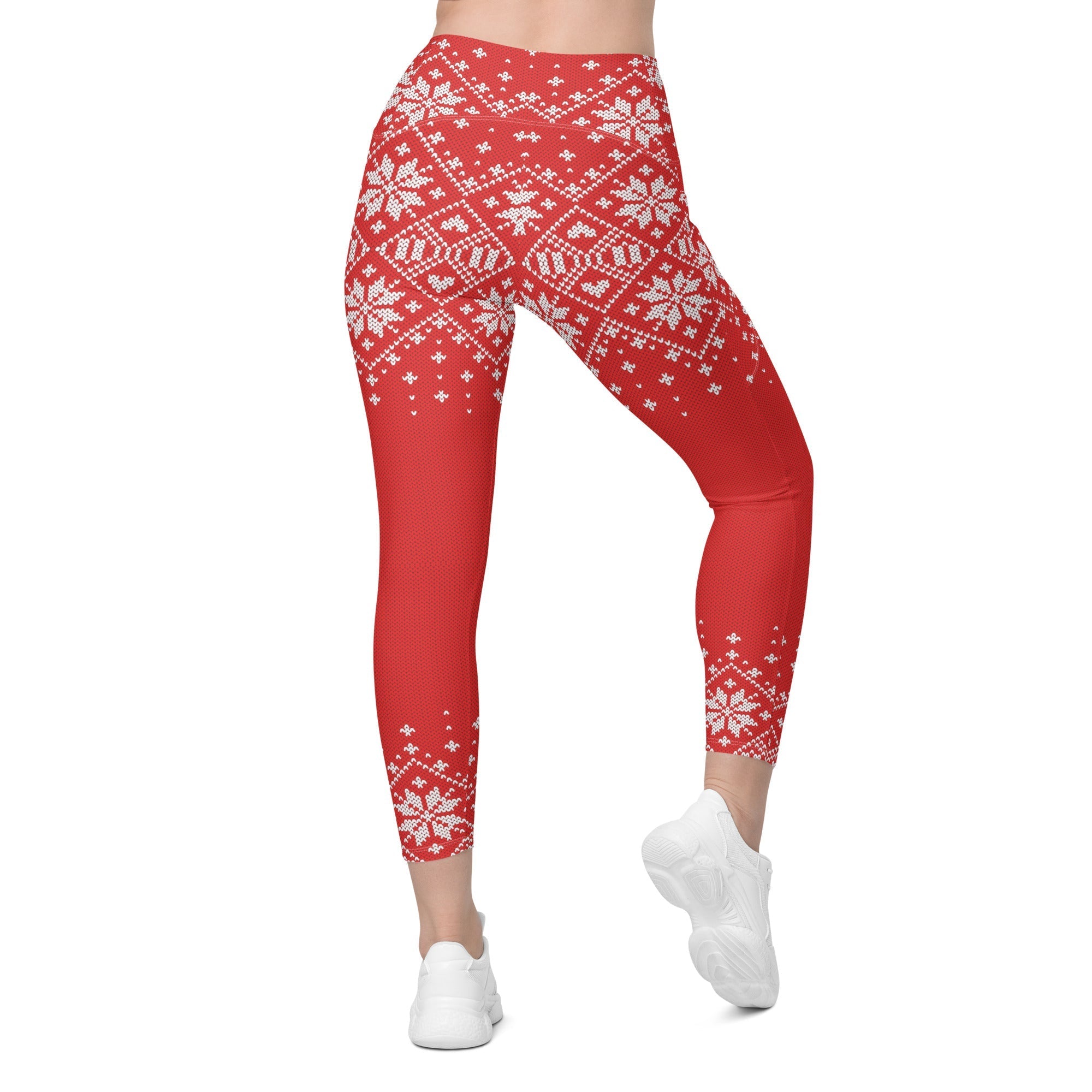 Red Knitted Print Christmas Crossover Leggings With Pockets