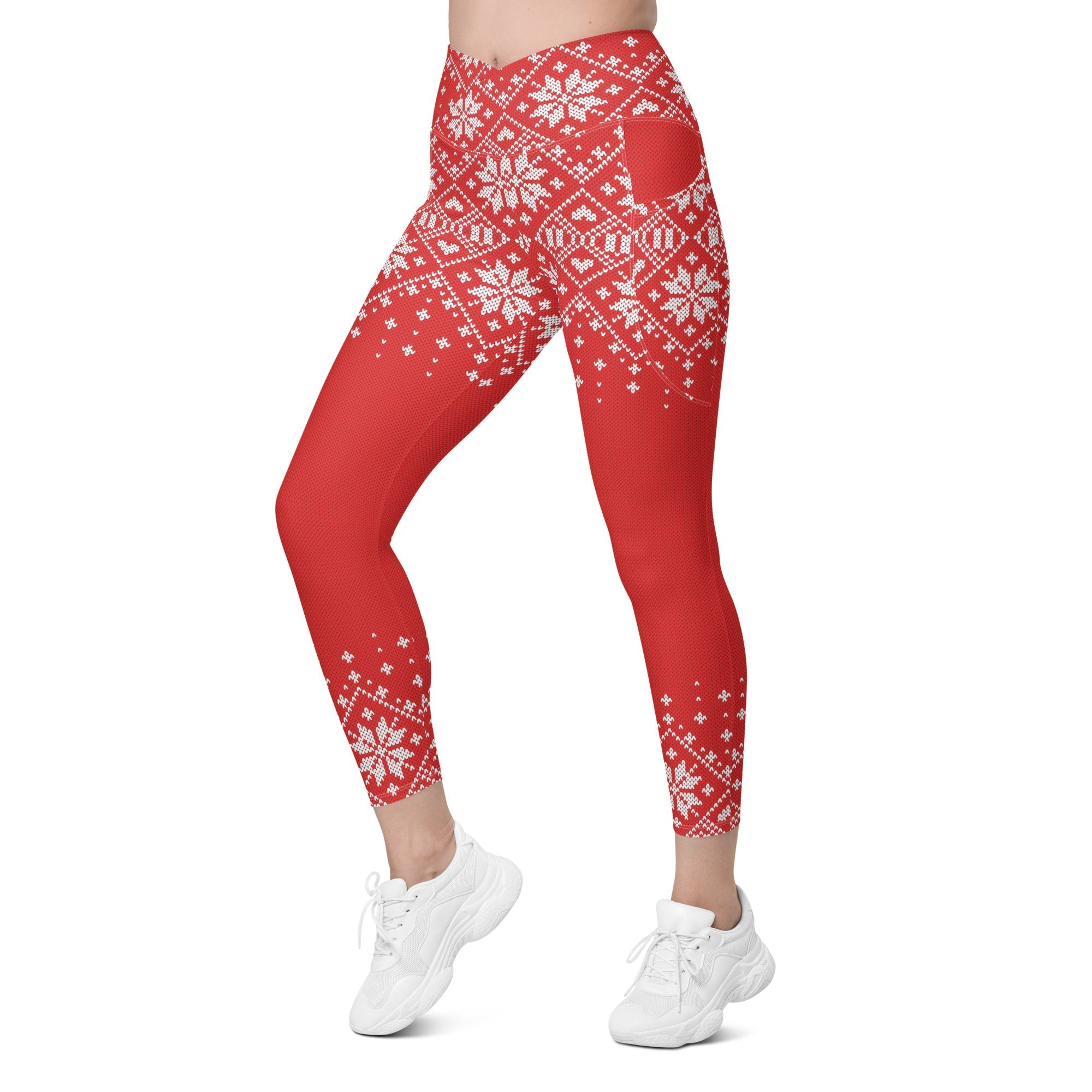 Red Knitted Print Christmas Crossover Leggings With Pockets