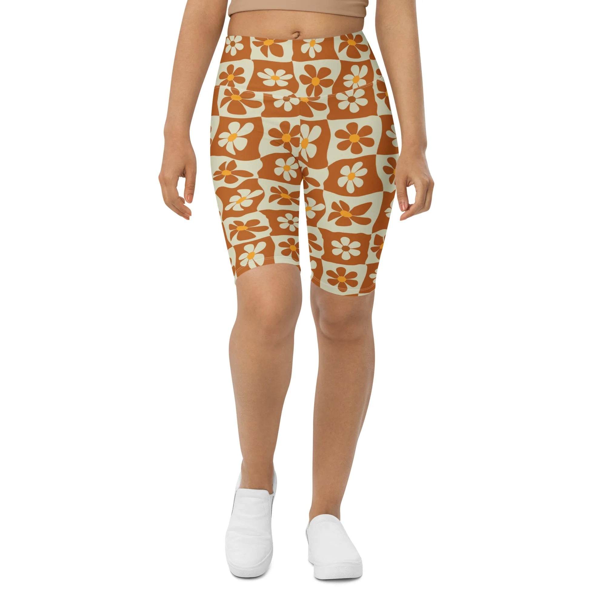 Retro Flower Checkerboard Biker Shorts