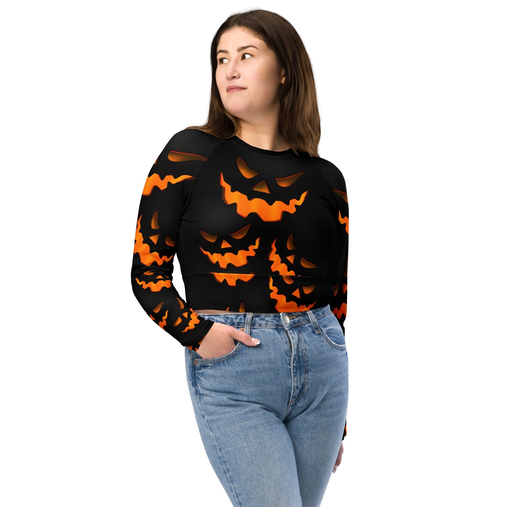 Spooky Pumpkin Halloween Recycled Long-sleeve Crop Top