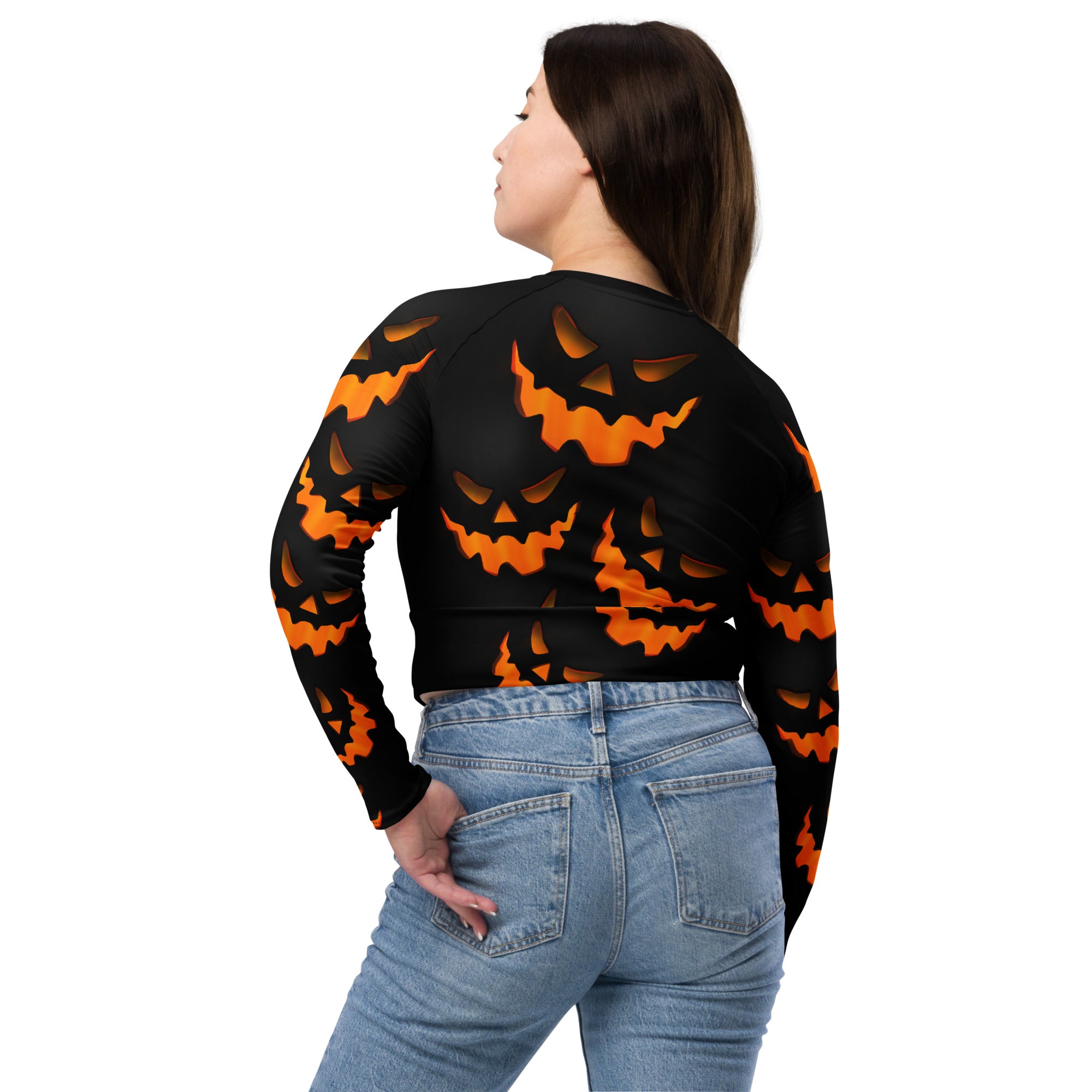 Spooky Pumpkin Halloween Recycled Long-sleeve Crop Top