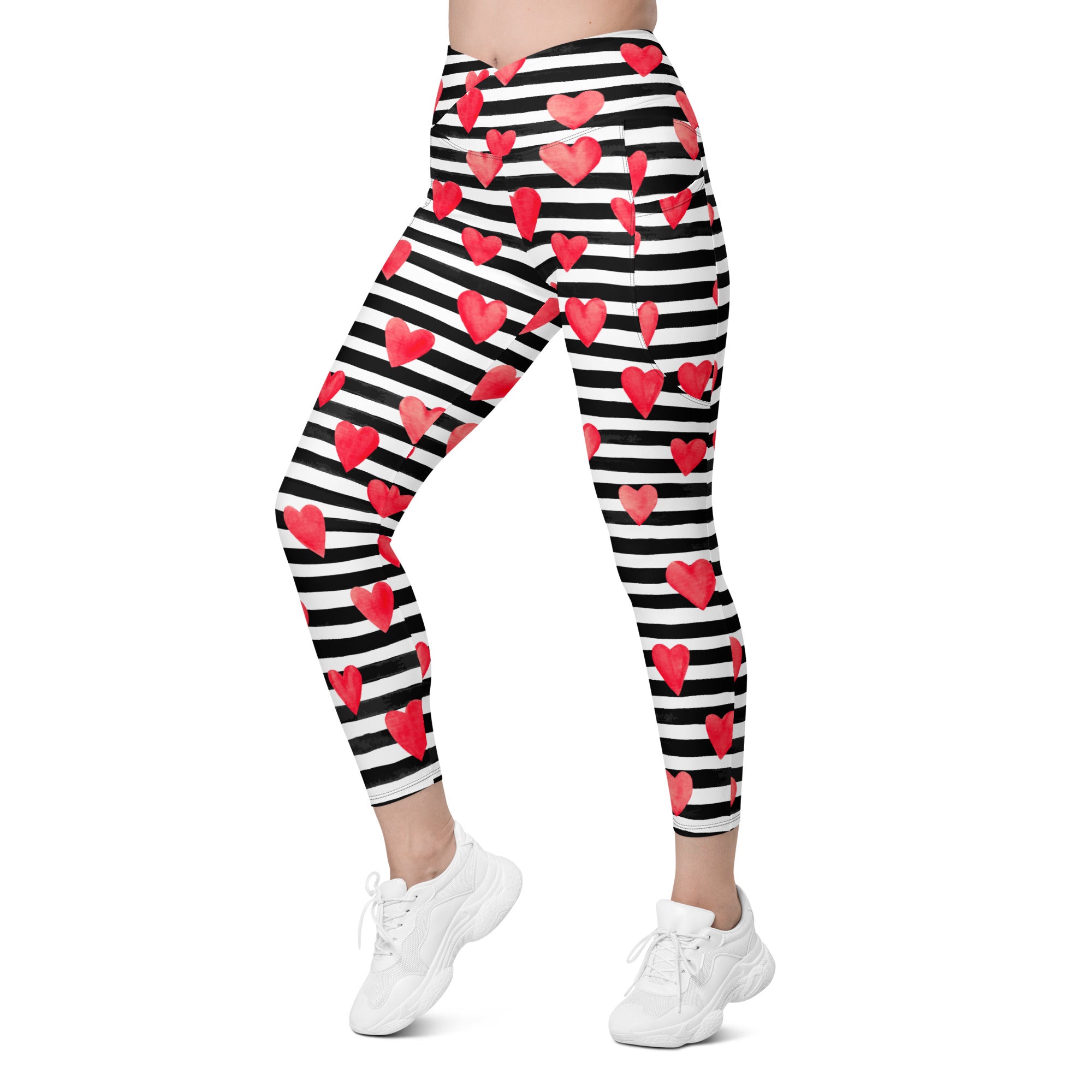Stripes & Hearts Crossover Leggings With Pockets