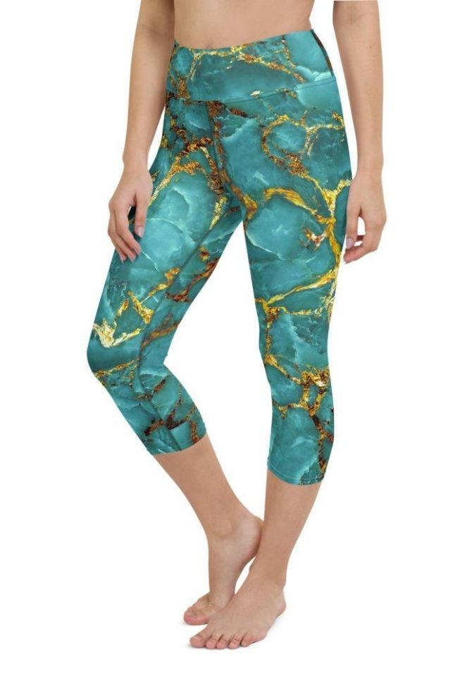 Turquoise & Gold Marble Yoga Capris