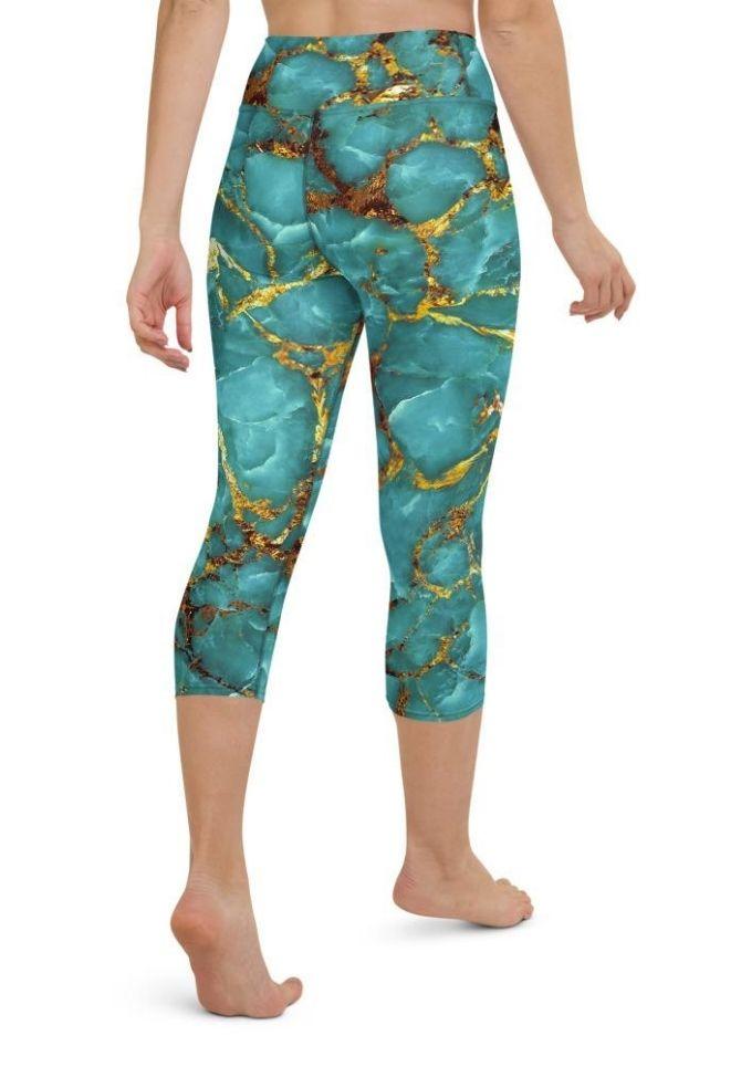 Turquoise & Gold Marble Yoga Capris