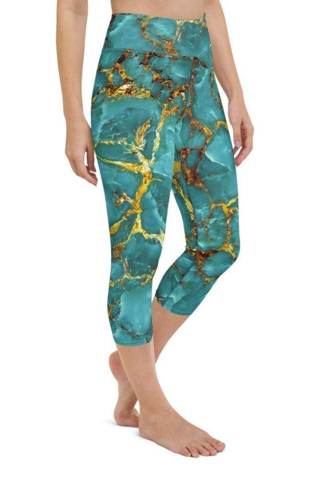 Turquoise & Gold Marble Yoga Capris